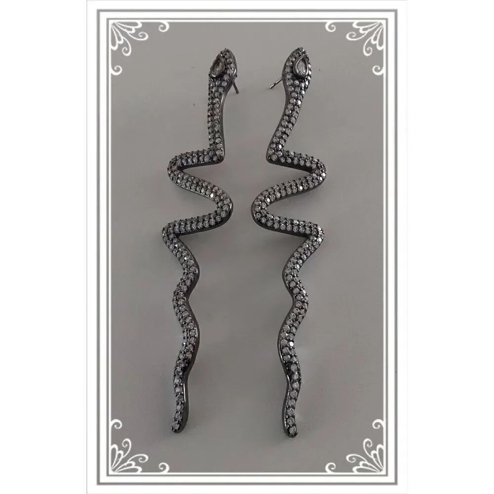 Trendy New Long Silver Rhinestone & Black Rhodium Snake Design Earrings